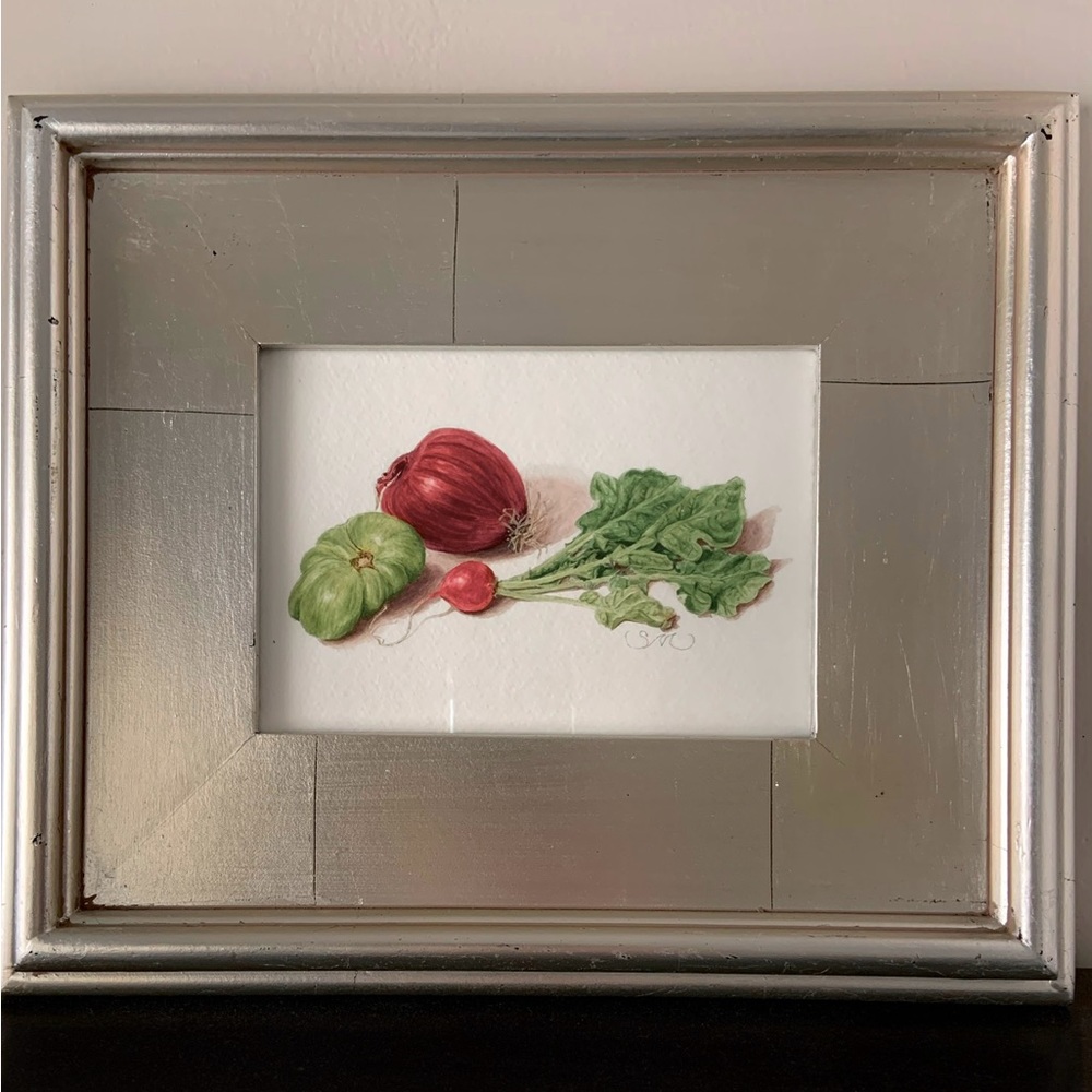 Original Still life Onion Radish Green Tomato in Silver Leaf Frame 5x7 inch